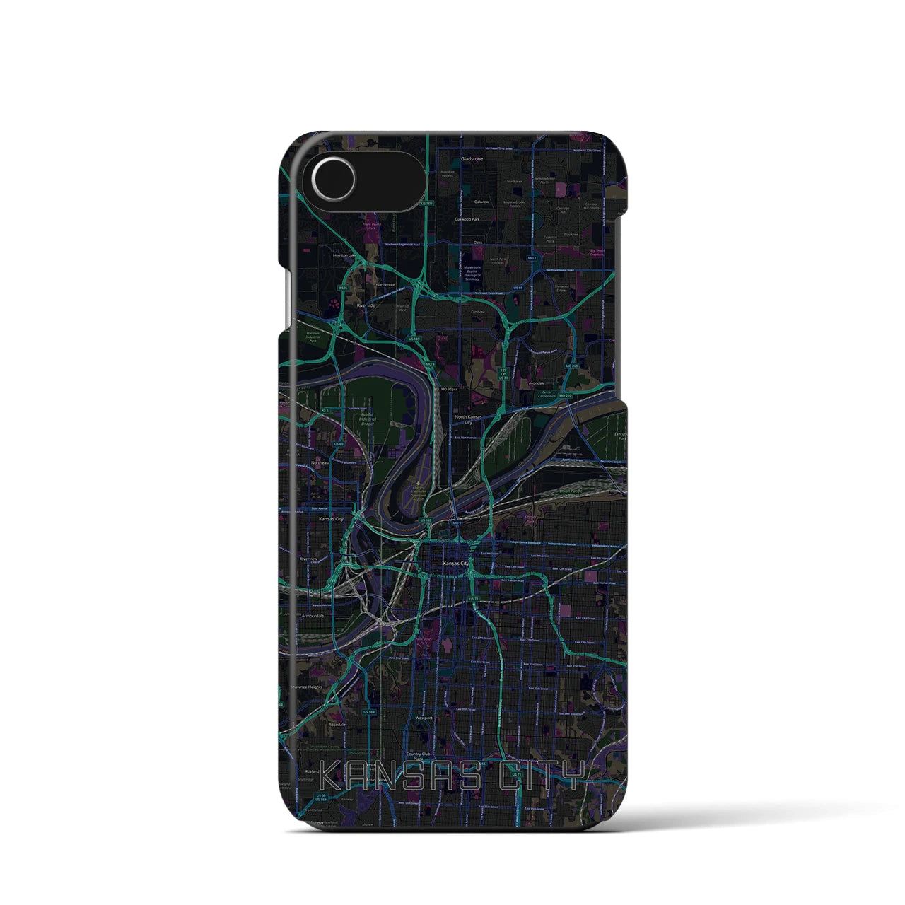 【カンザスシティ】地図柄iPhoneケース（バックカバータイプ・ブラック）iPhone SE（第3 / 第2世代） / 8 / 7 / 6s / 6 用