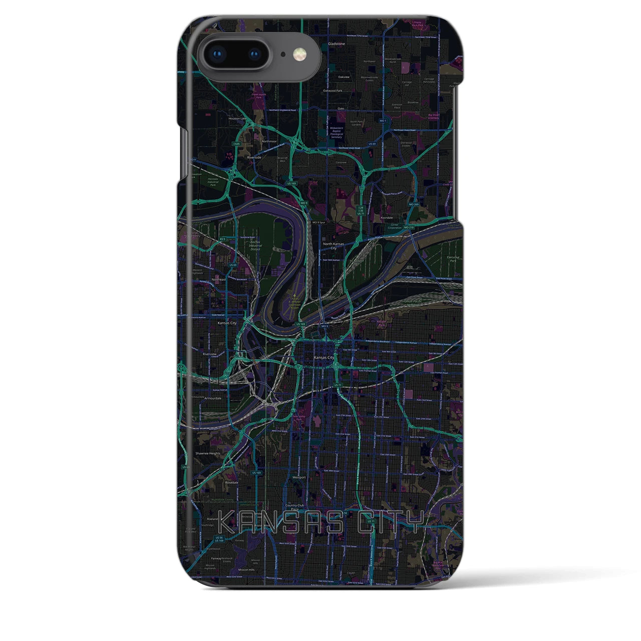【カンザスシティ】地図柄iPhoneケース（バックカバータイプ・ブラック）iPhone 8Plus /7Plus / 6sPlus / 6Plus 用