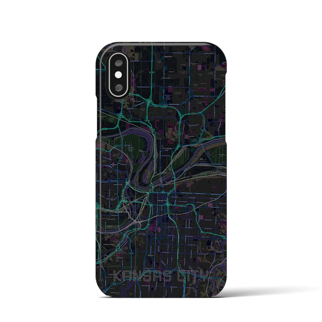 【カンザスシティ】地図柄iPhoneケース（バックカバータイプ・ブラック）iPhone XS / X 用