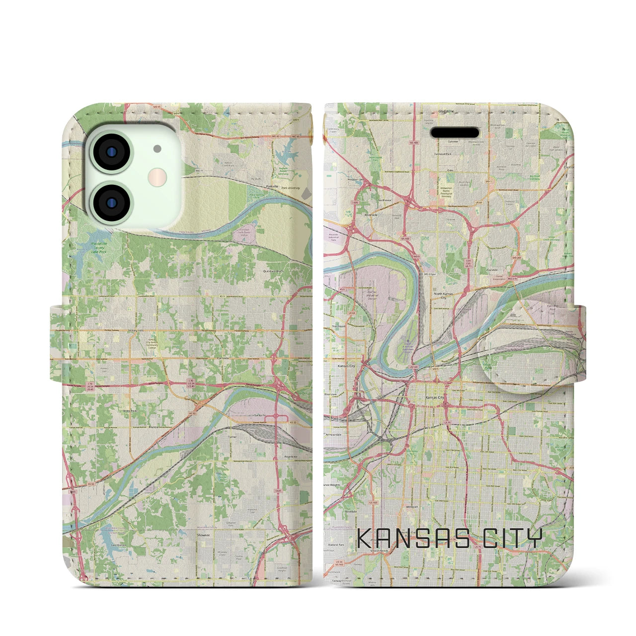 【カンザスシティ】地図柄iPhoneケース（手帳両面タイプ・ナチュラル）iPhone 12 mini 用