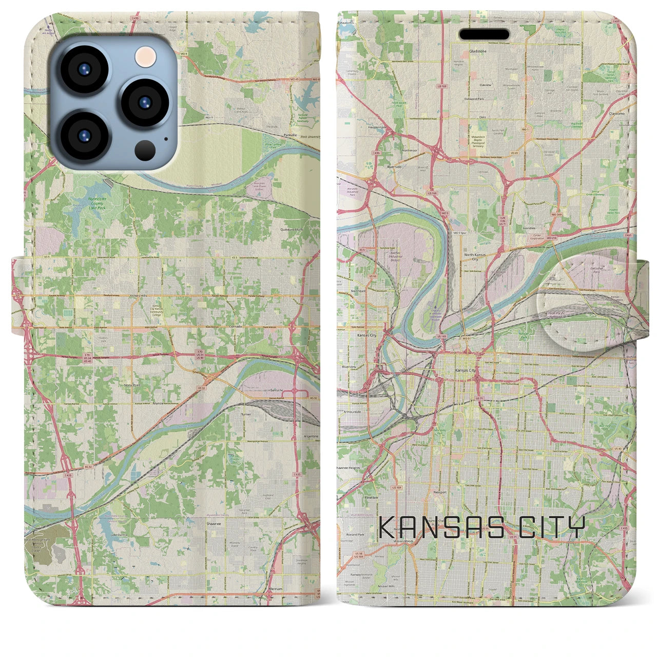 【カンザスシティ】地図柄iPhoneケース（手帳両面タイプ・ナチュラル）iPhone 13 Pro Max 用