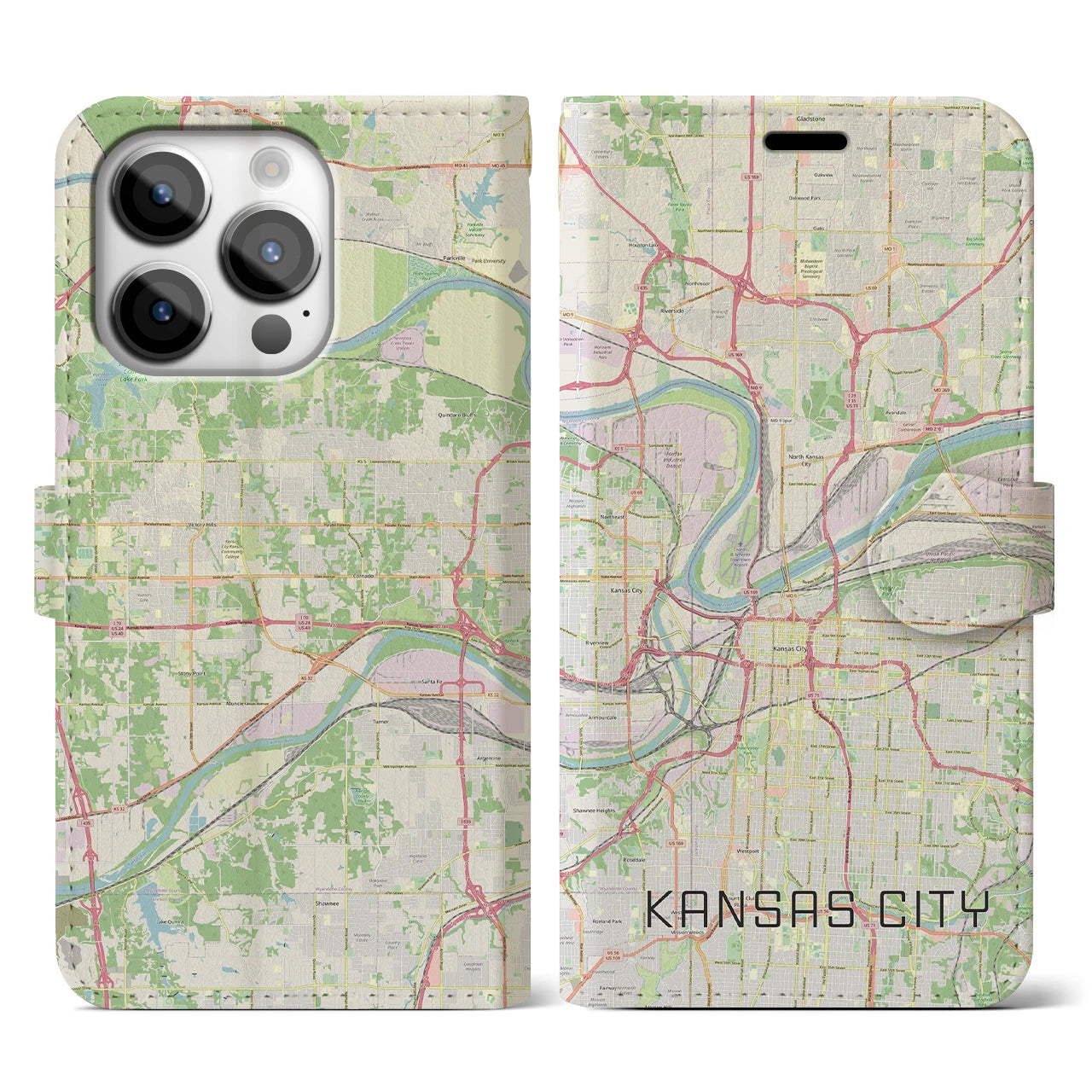 【カンザスシティ】地図柄iPhoneケース（手帳両面タイプ・ナチュラル）iPhone 14 Pro 用