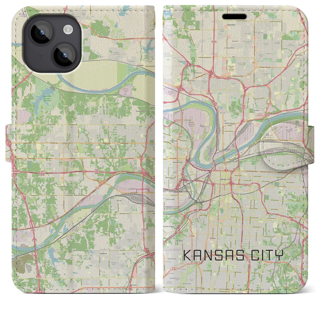 【カンザスシティ】地図柄iPhoneケース（手帳両面タイプ・ナチュラル）iPhone 14 Plus 用