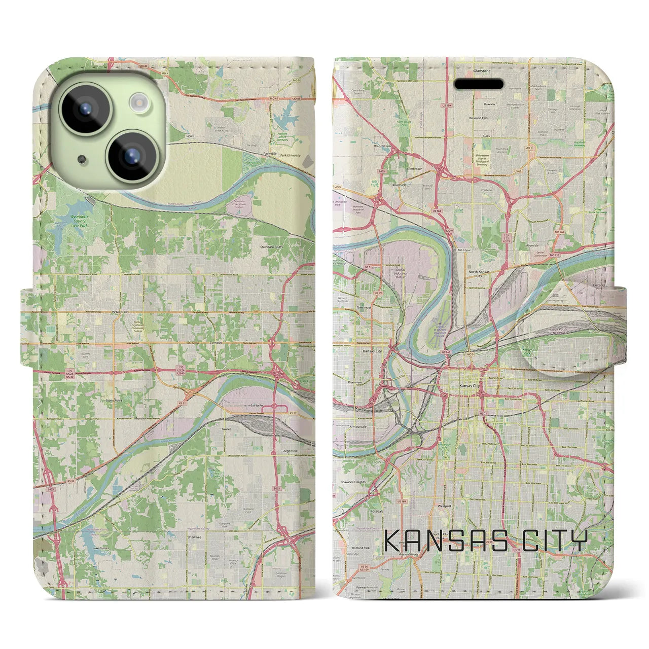 【カンザスシティ】地図柄iPhoneケース（手帳両面タイプ・ナチュラル）iPhone 15 用