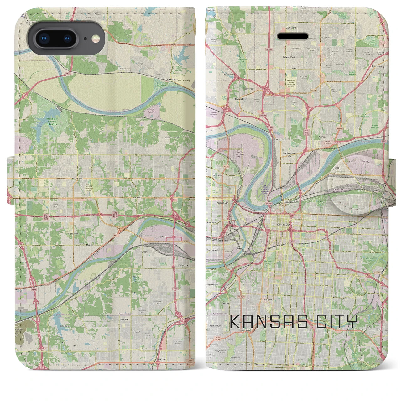 【カンザスシティ】地図柄iPhoneケース（手帳両面タイプ・ナチュラル）iPhone 8Plus /7Plus / 6sPlus / 6Plus 用