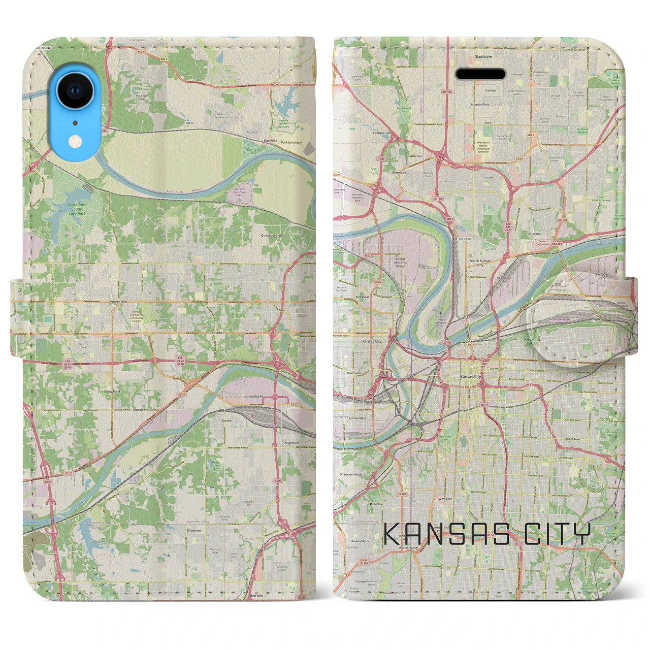 【カンザスシティ】地図柄iPhoneケース（手帳両面タイプ・ナチュラル）iPhone XR 用