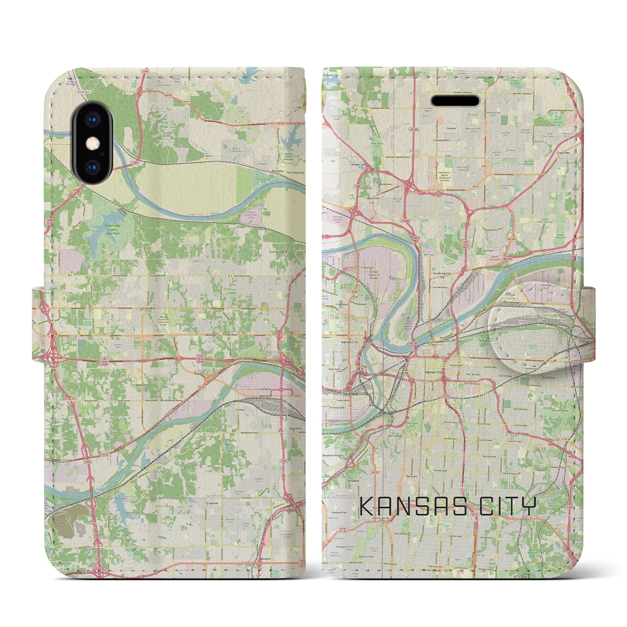 【カンザスシティ】地図柄iPhoneケース（手帳両面タイプ・ナチュラル）iPhone XS / X 用