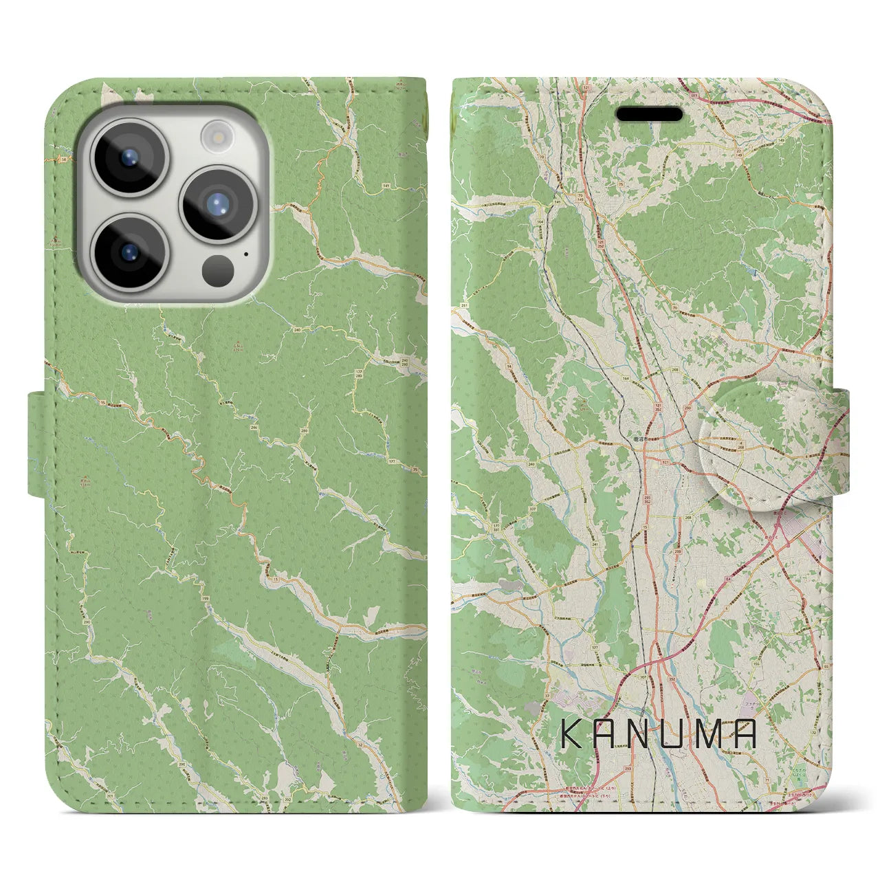 【鹿沼】地図柄iPhoneケース（手帳両面タイプ・ナチュラル）iPhone 15 Pro 用
