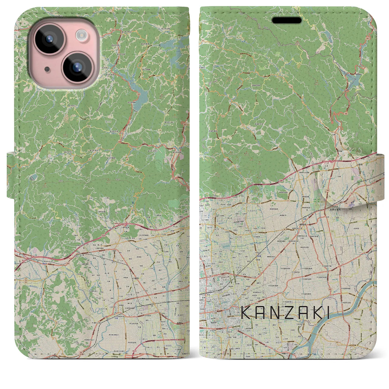 【神埼】地図柄iPhoneケース（手帳両面タイプ・ナチュラル）iPhone 15 Plus 用