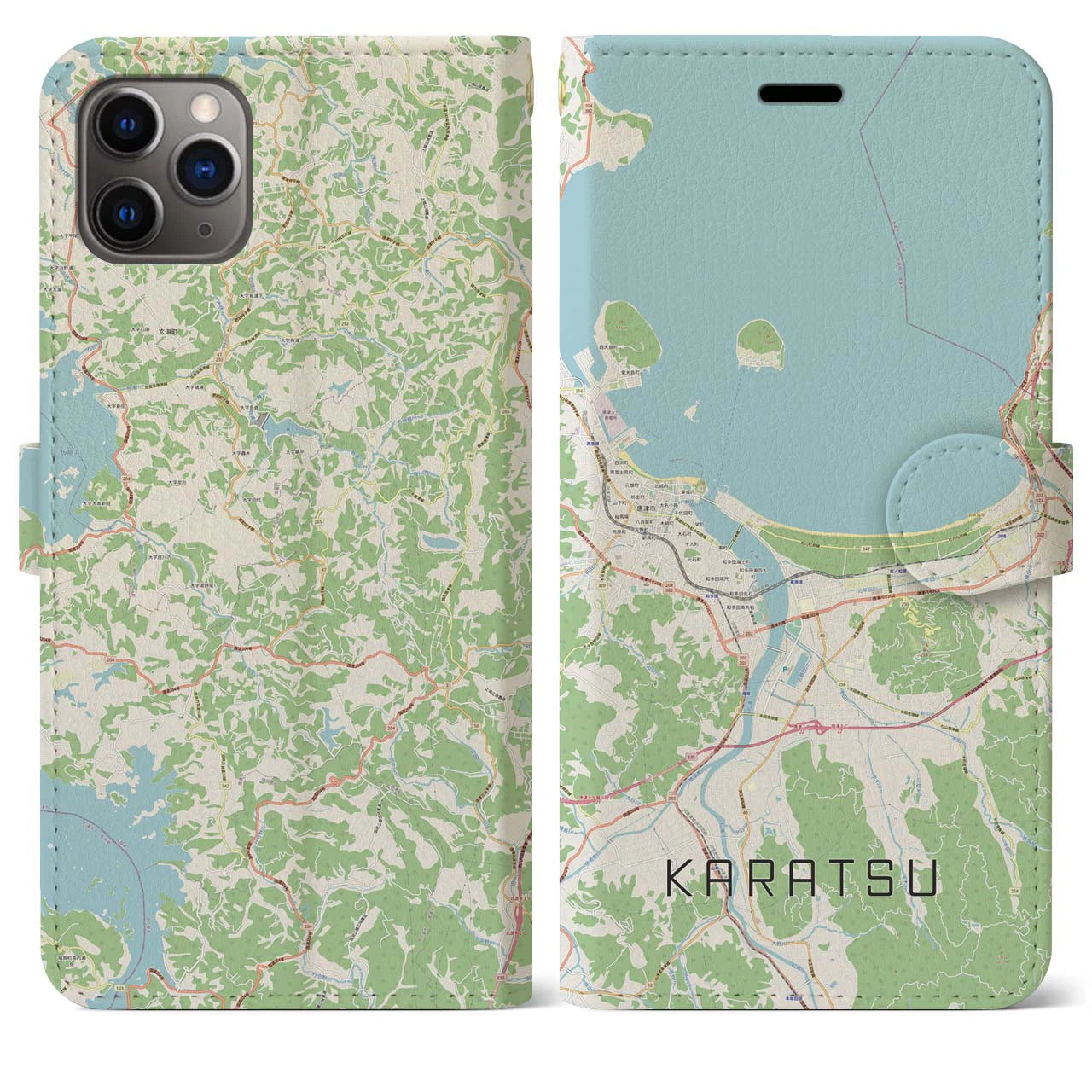 【唐津】地図柄iPhoneケース（手帳両面タイプ・ナチュラル）iPhone 11 Pro Max 用