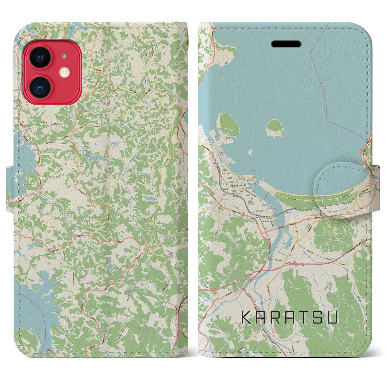 【唐津】地図柄iPhoneケース（手帳両面タイプ・ナチュラル）iPhone 11 用
