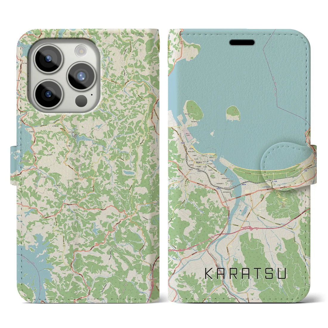 【唐津】地図柄iPhoneケース（手帳両面タイプ・ナチュラル）iPhone 15 Pro 用
