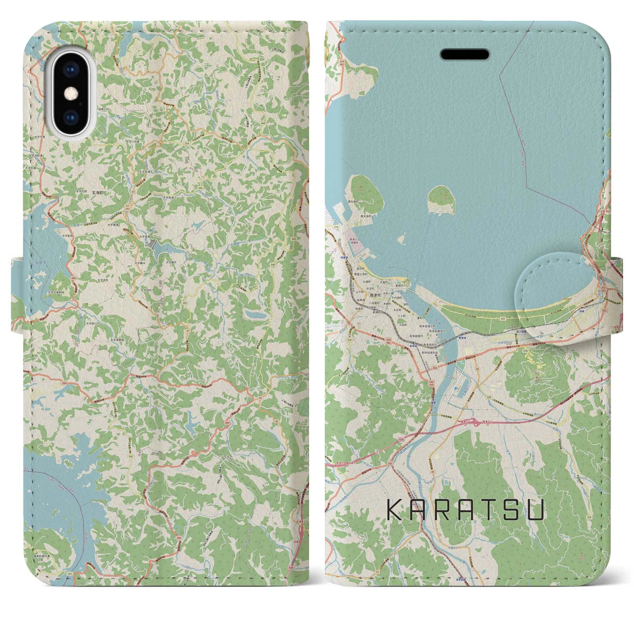【唐津】地図柄iPhoneケース（手帳両面タイプ・ナチュラル）iPhone XS Max 用
