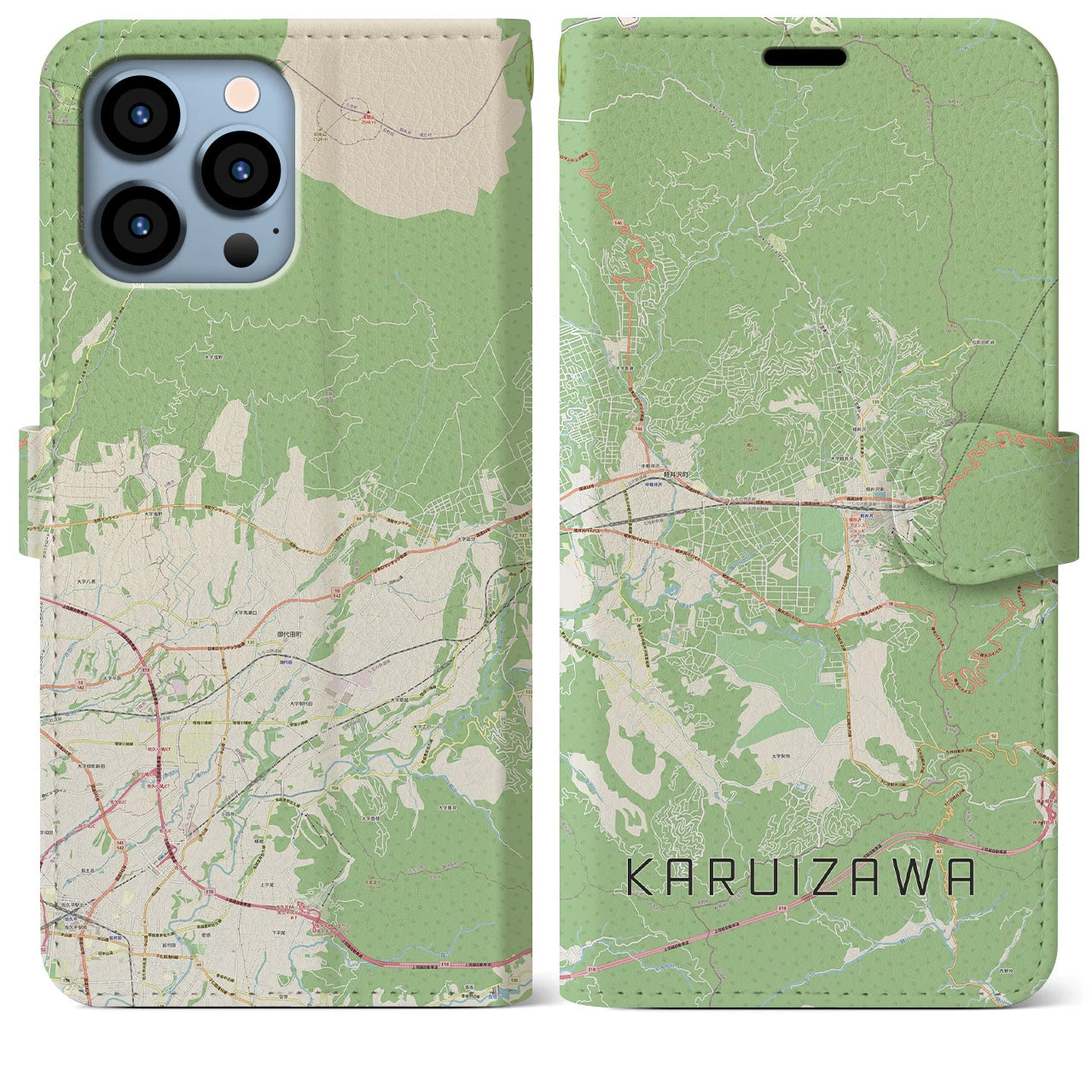 【軽井沢】地図柄iPhoneケース（手帳両面タイプ・ナチュラル）iPhone 13 Pro Max 用