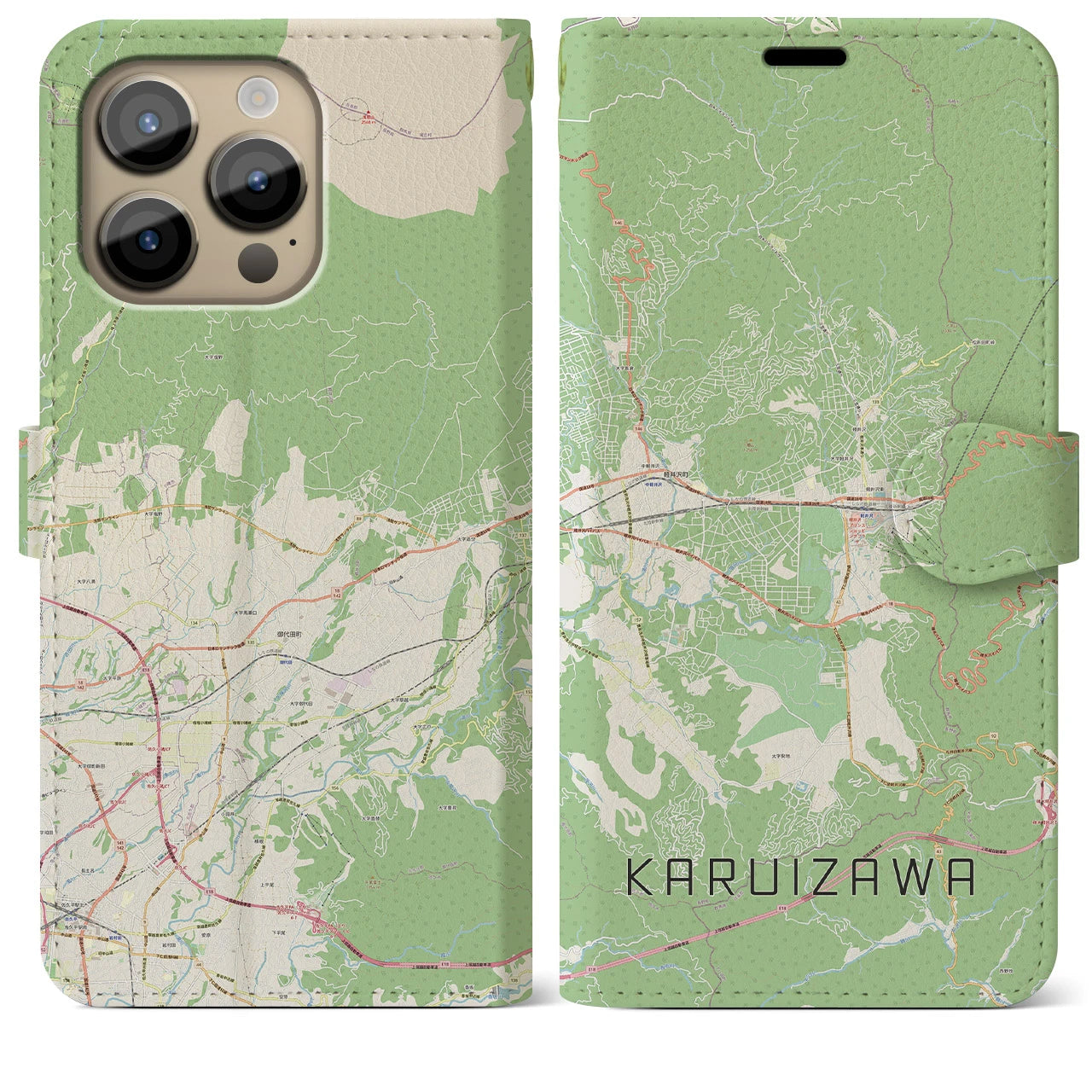 【軽井沢】地図柄iPhoneケース（手帳両面タイプ・ナチュラル）iPhone 14 Pro Max 用
