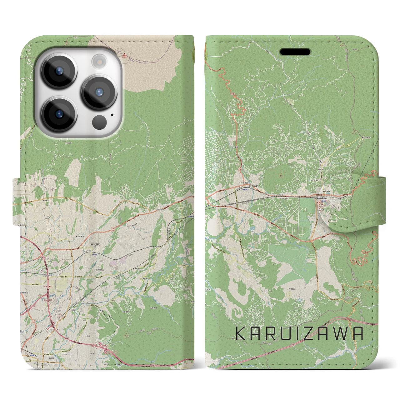 【軽井沢】地図柄iPhoneケース（手帳両面タイプ・ナチュラル）iPhone 14 Pro 用