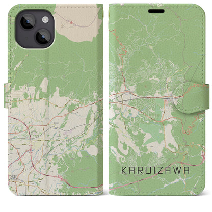 【軽井沢（長野県）】地図柄iPhoneケース（手帳タイプ）ナチュラル・iPhone 14 Plus 用