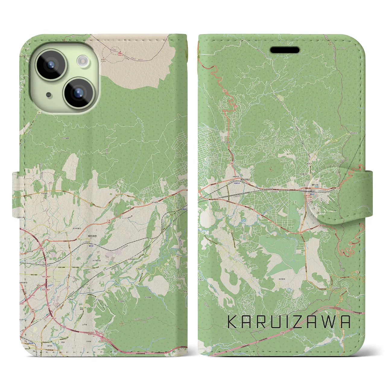 【軽井沢】地図柄iPhoneケース（手帳両面タイプ・ナチュラル）iPhone 15 用