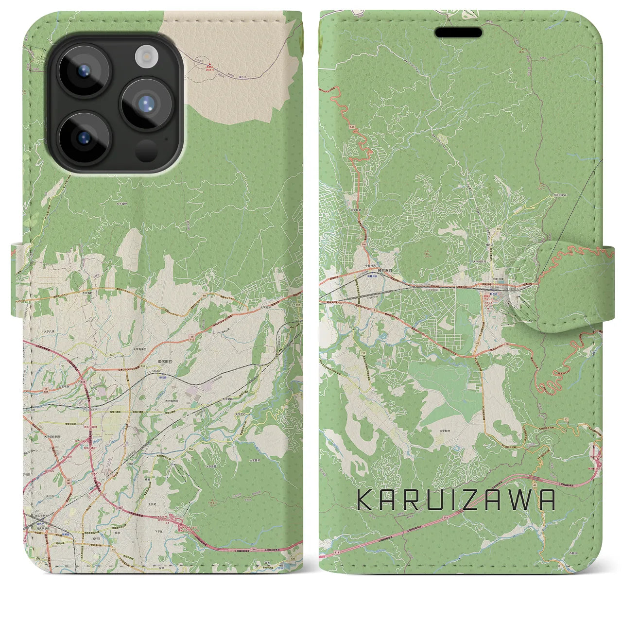 【軽井沢】地図柄iPhoneケース（手帳両面タイプ・ナチュラル）iPhone 15 Pro Max 用