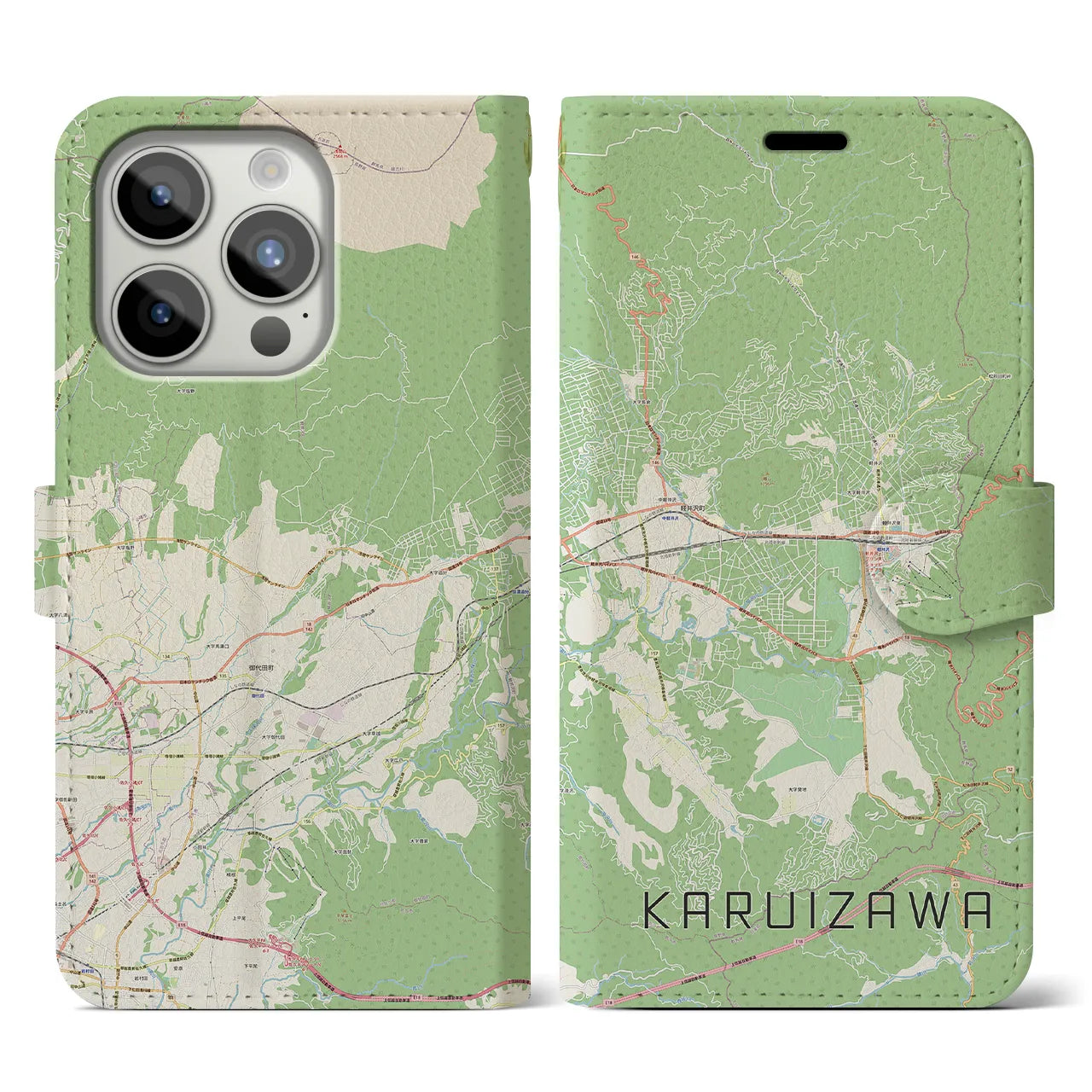【軽井沢】地図柄iPhoneケース（手帳両面タイプ・ナチュラル）iPhone 15 Pro 用