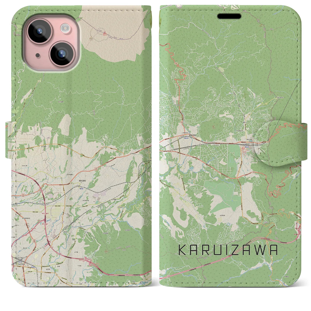 【軽井沢】地図柄iPhoneケース（手帳両面タイプ・ナチュラル）iPhone 15 Plus 用