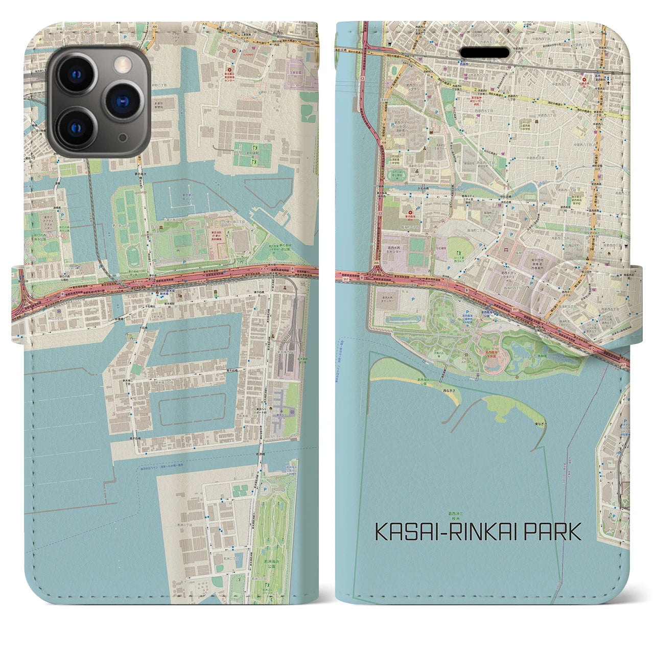 【葛西臨海公園】地図柄iPhoneケース（手帳両面タイプ・ナチュラル）iPhone 11 Pro Max 用
