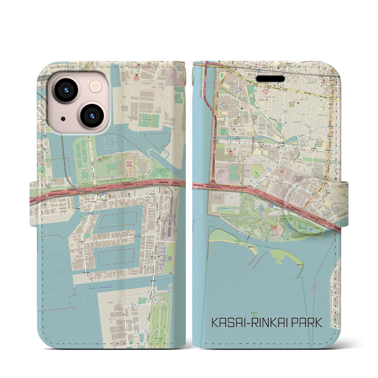 【葛西臨海公園】地図柄iPhoneケース（手帳両面タイプ・ナチュラル）iPhone 13 mini 用
