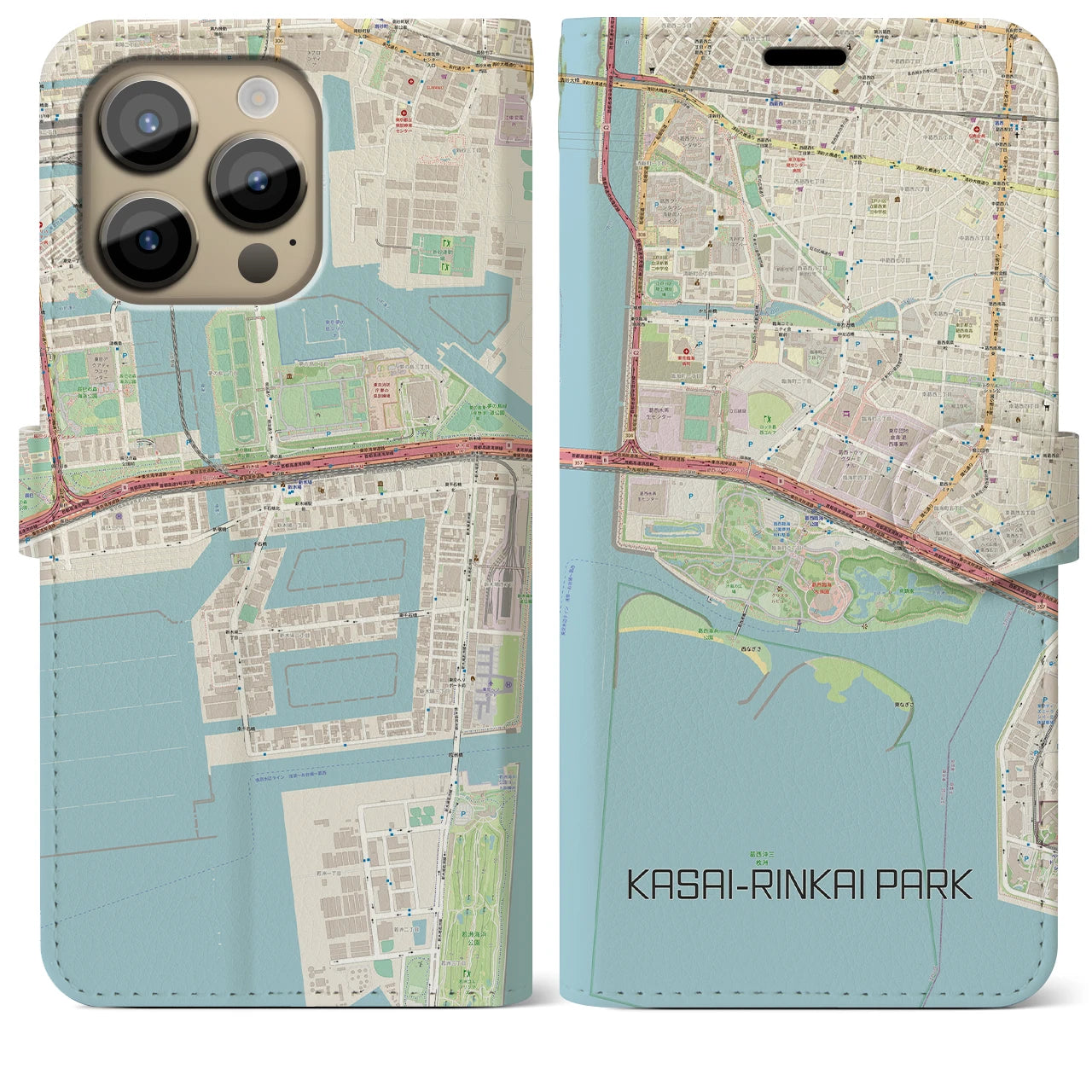 【葛西臨海公園】地図柄iPhoneケース（手帳両面タイプ・ナチュラル）iPhone 14 Pro Max 用