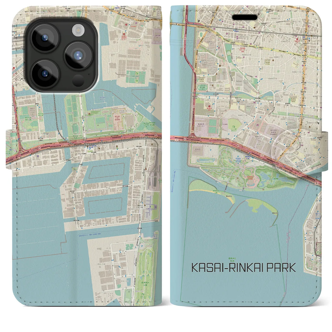 【葛西臨海公園】地図柄iPhoneケース（手帳両面タイプ・ナチュラル）iPhone 15 Pro Max 用