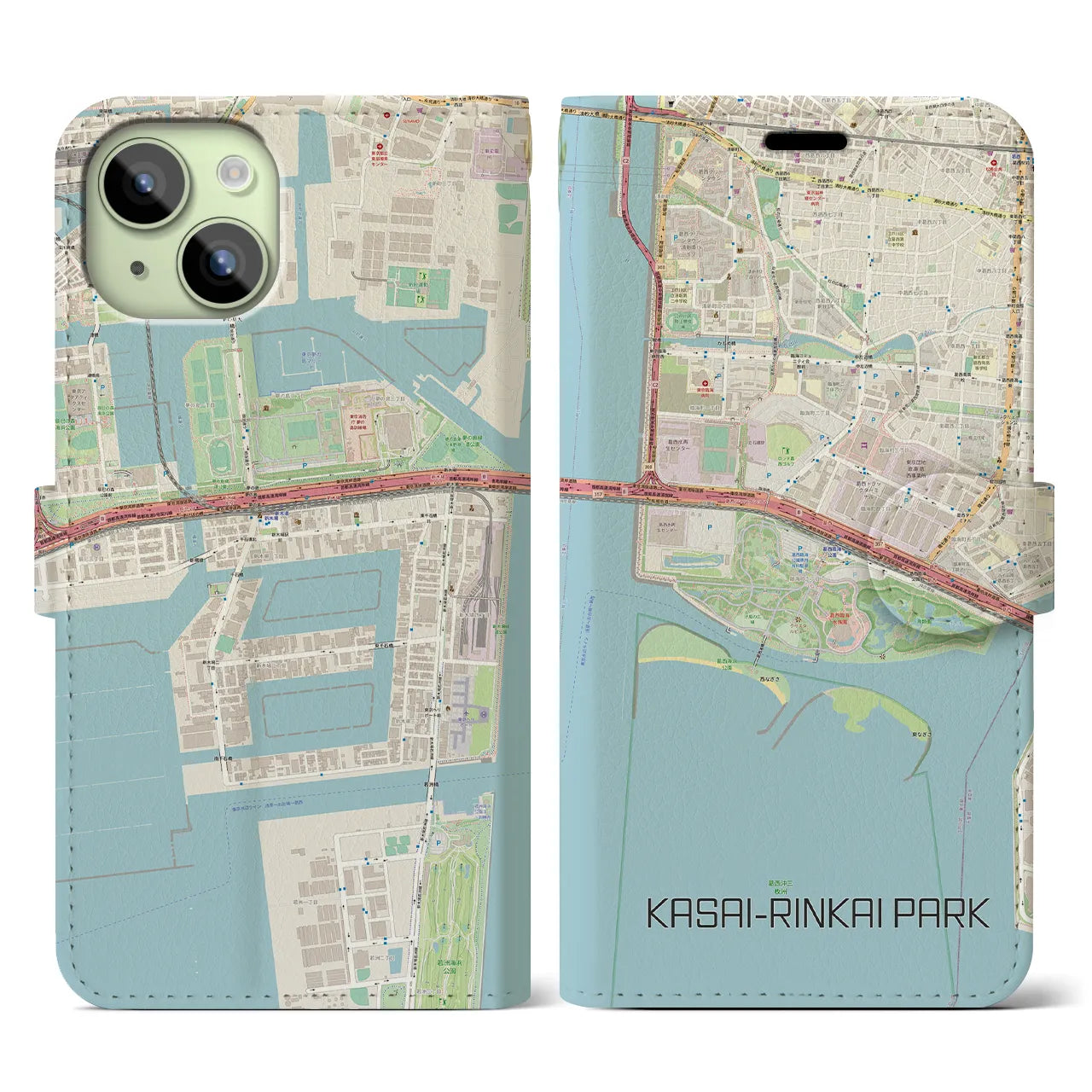 【葛西臨海公園】地図柄iPhoneケース（手帳両面タイプ・ナチュラル）iPhone 15 用