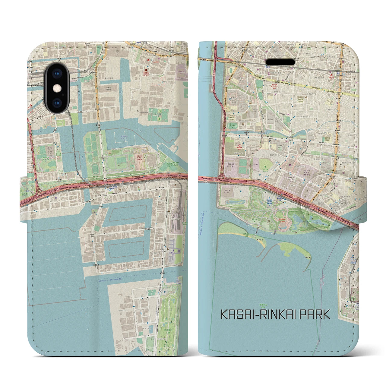 【葛西臨海公園】地図柄iPhoneケース（手帳両面タイプ・ナチュラル）iPhone XS / X 用