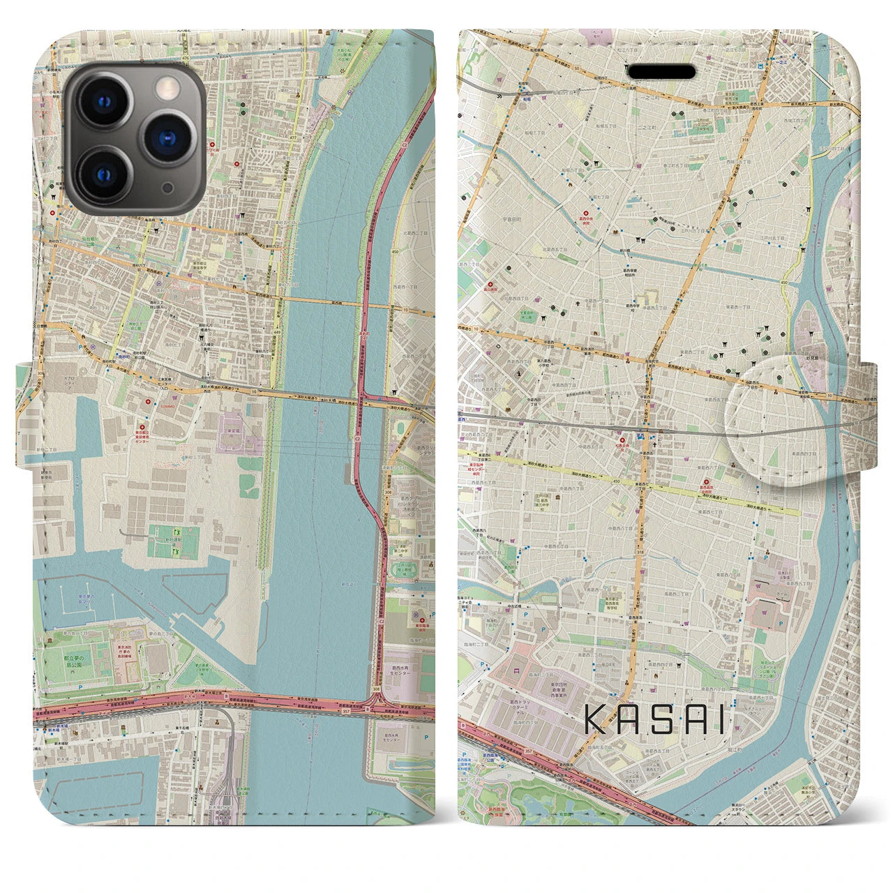 【葛西】地図柄iPhoneケース（手帳両面タイプ・ナチュラル）iPhone 11 Pro Max 用