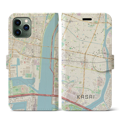 【葛西（東京都）】地図柄iPhoneケース（手帳タイプ）ナチュラル・iPhone 11 Pro 用