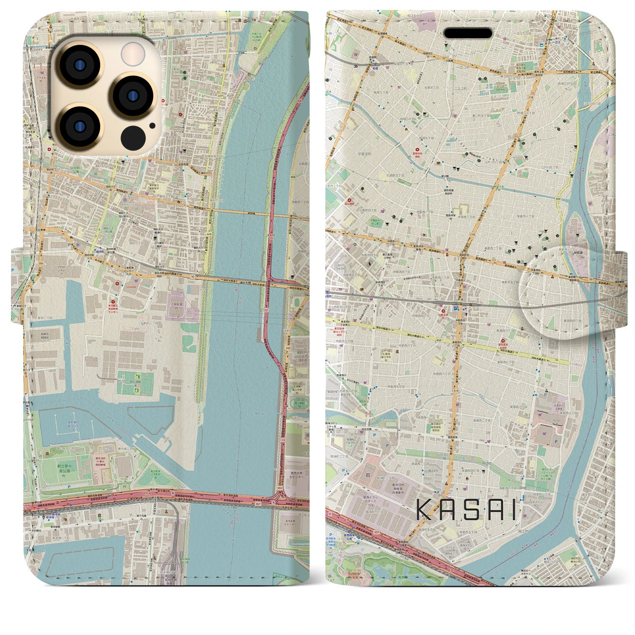 【葛西】地図柄iPhoneケース（手帳両面タイプ・ナチュラル）iPhone 12 Pro Max 用