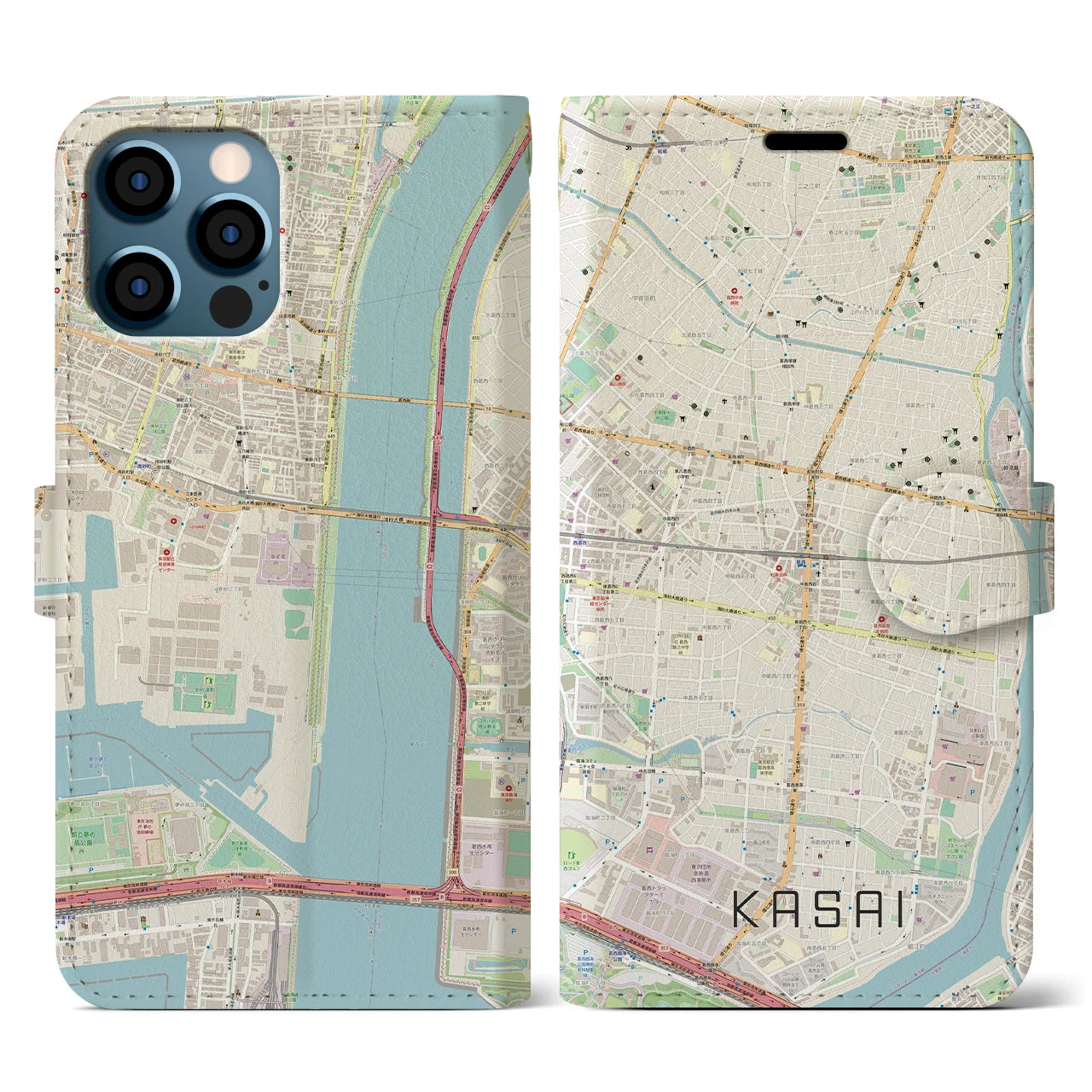 【葛西】地図柄iPhoneケース（手帳両面タイプ・ナチュラル）iPhone 12 / 12 Pro 用