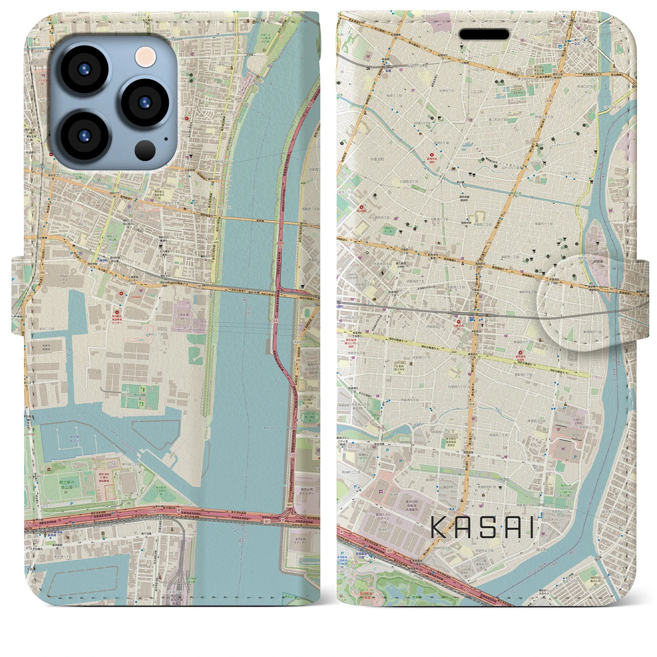 【葛西】地図柄iPhoneケース（手帳両面タイプ・ナチュラル）iPhone 13 Pro Max 用