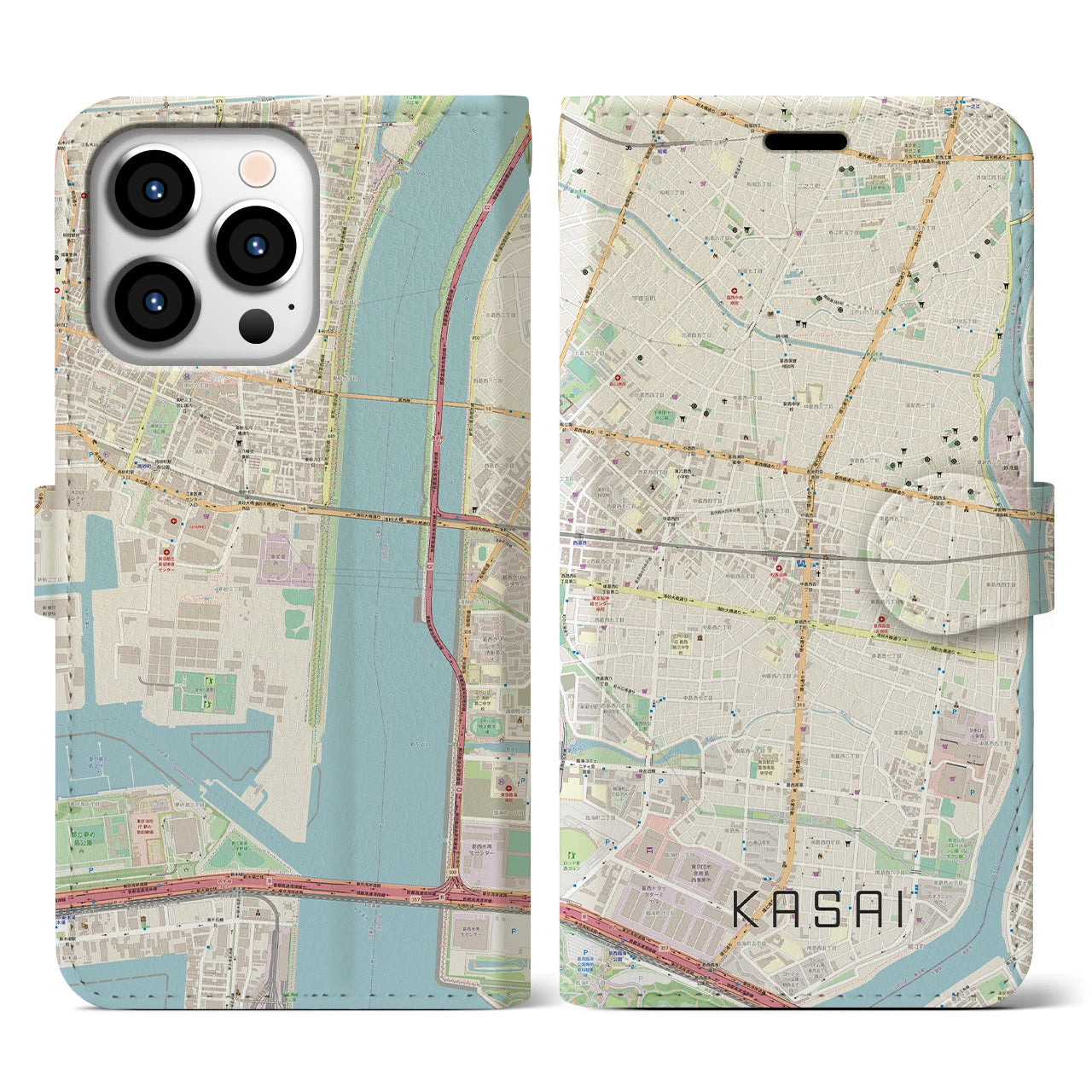 【葛西】地図柄iPhoneケース（手帳両面タイプ・ナチュラル）iPhone 13 Pro 用
