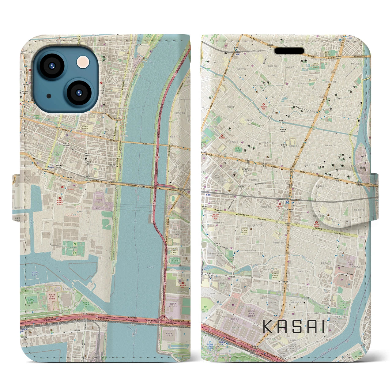 【葛西】地図柄iPhoneケース（手帳両面タイプ・ナチュラル）iPhone 13 用