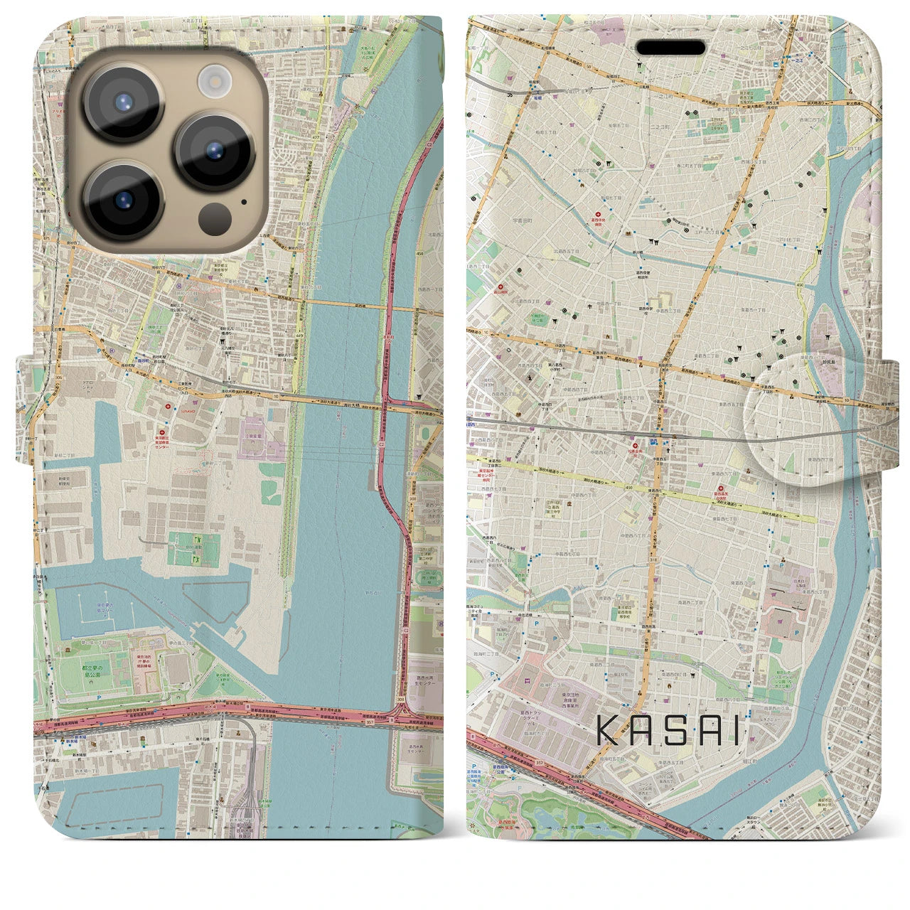 【葛西】地図柄iPhoneケース（手帳両面タイプ・ナチュラル）iPhone 14 Pro Max 用