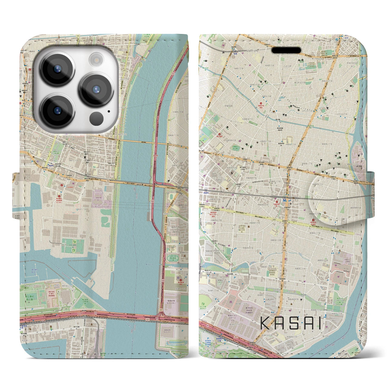 【葛西】地図柄iPhoneケース（手帳両面タイプ・ナチュラル）iPhone 14 Pro 用