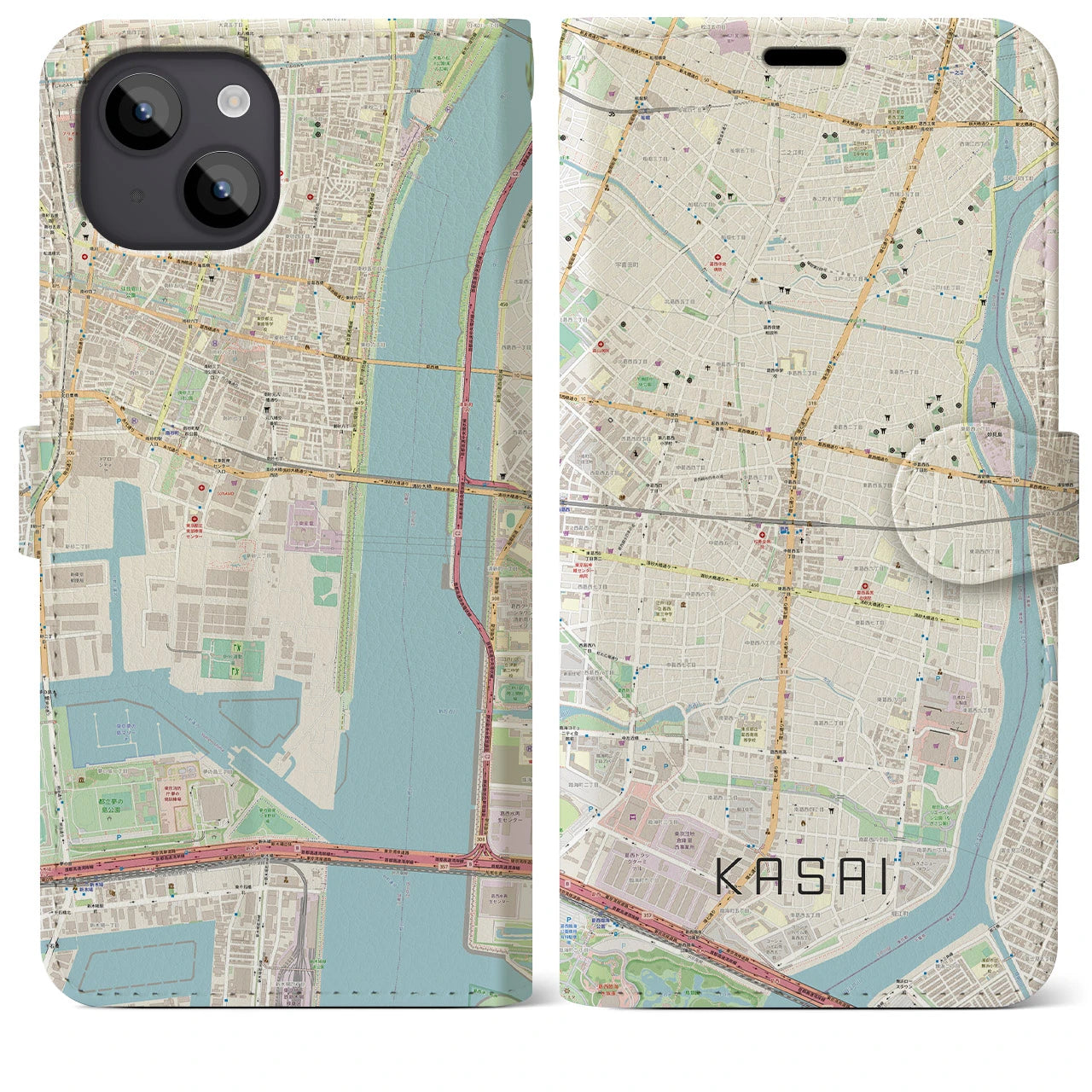 【葛西】地図柄iPhoneケース（手帳両面タイプ・ナチュラル）iPhone 14 Plus 用