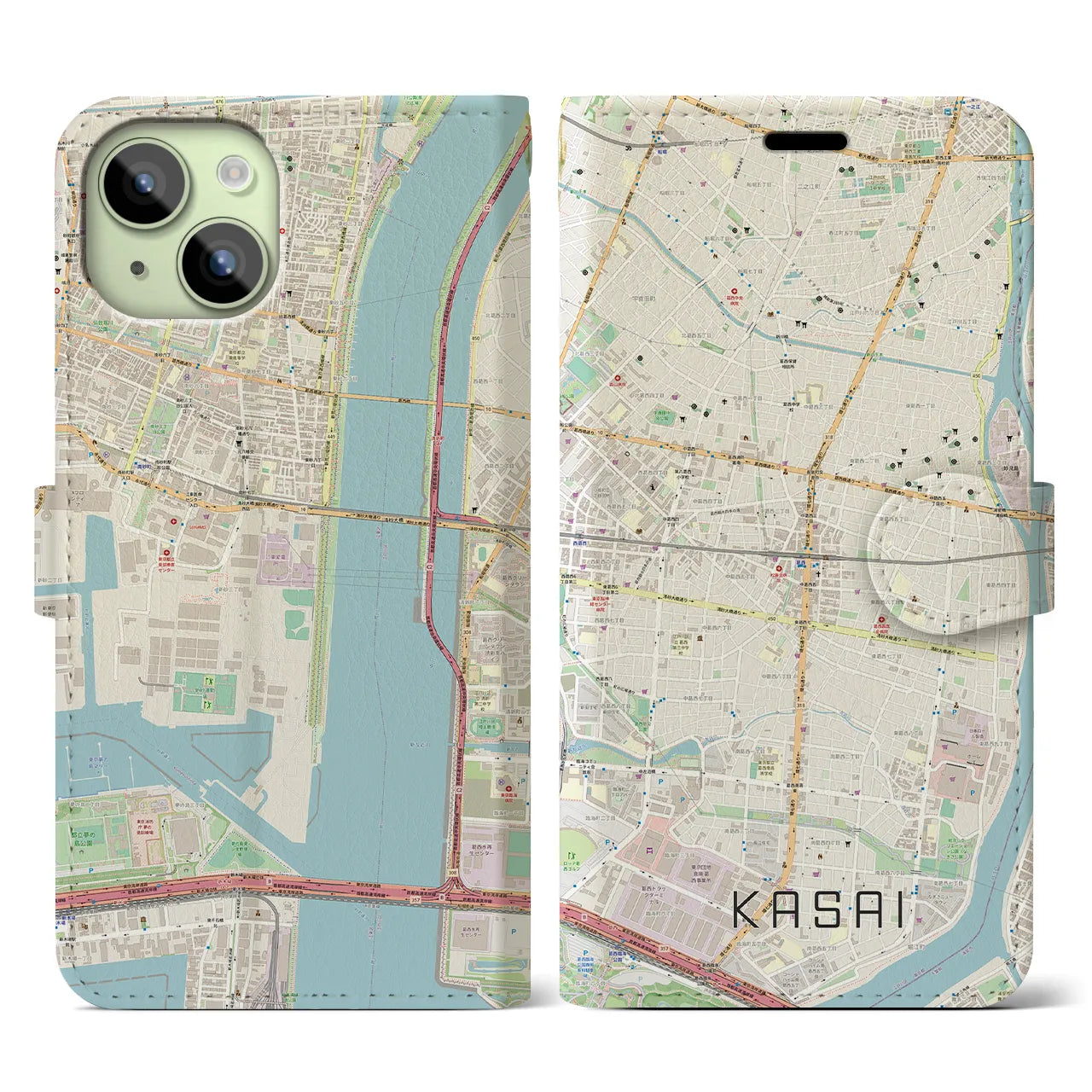 【葛西】地図柄iPhoneケース（手帳両面タイプ・ナチュラル）iPhone 15 用