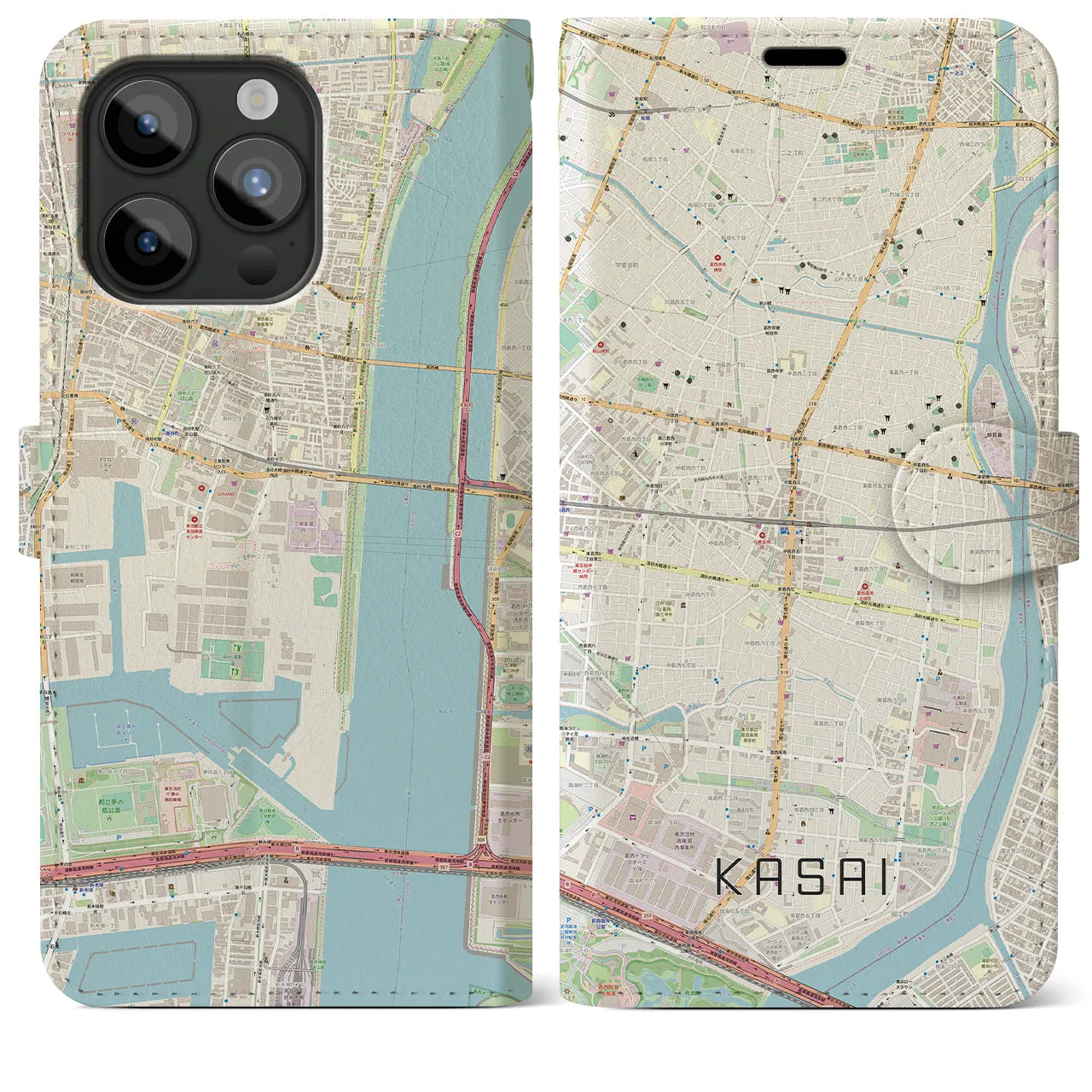 【葛西】地図柄iPhoneケース（手帳両面タイプ・ナチュラル）iPhone 15 Pro Max 用