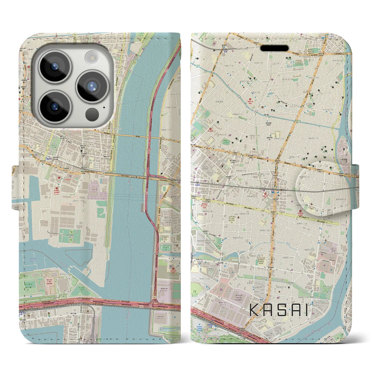 【葛西】地図柄iPhoneケース（手帳両面タイプ・ナチュラル）iPhone 15 Pro 用