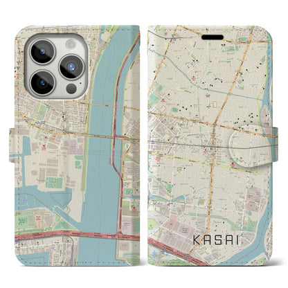 【葛西（東京都）】地図柄iPhoneケース（手帳タイプ）ナチュラル・iPhone 15 Pro 用