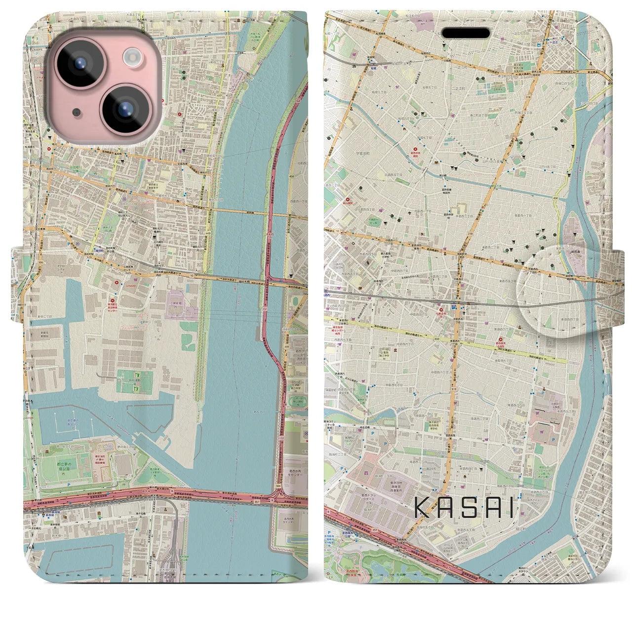 【葛西】地図柄iPhoneケース（手帳両面タイプ・ナチュラル）iPhone 15 Plus 用