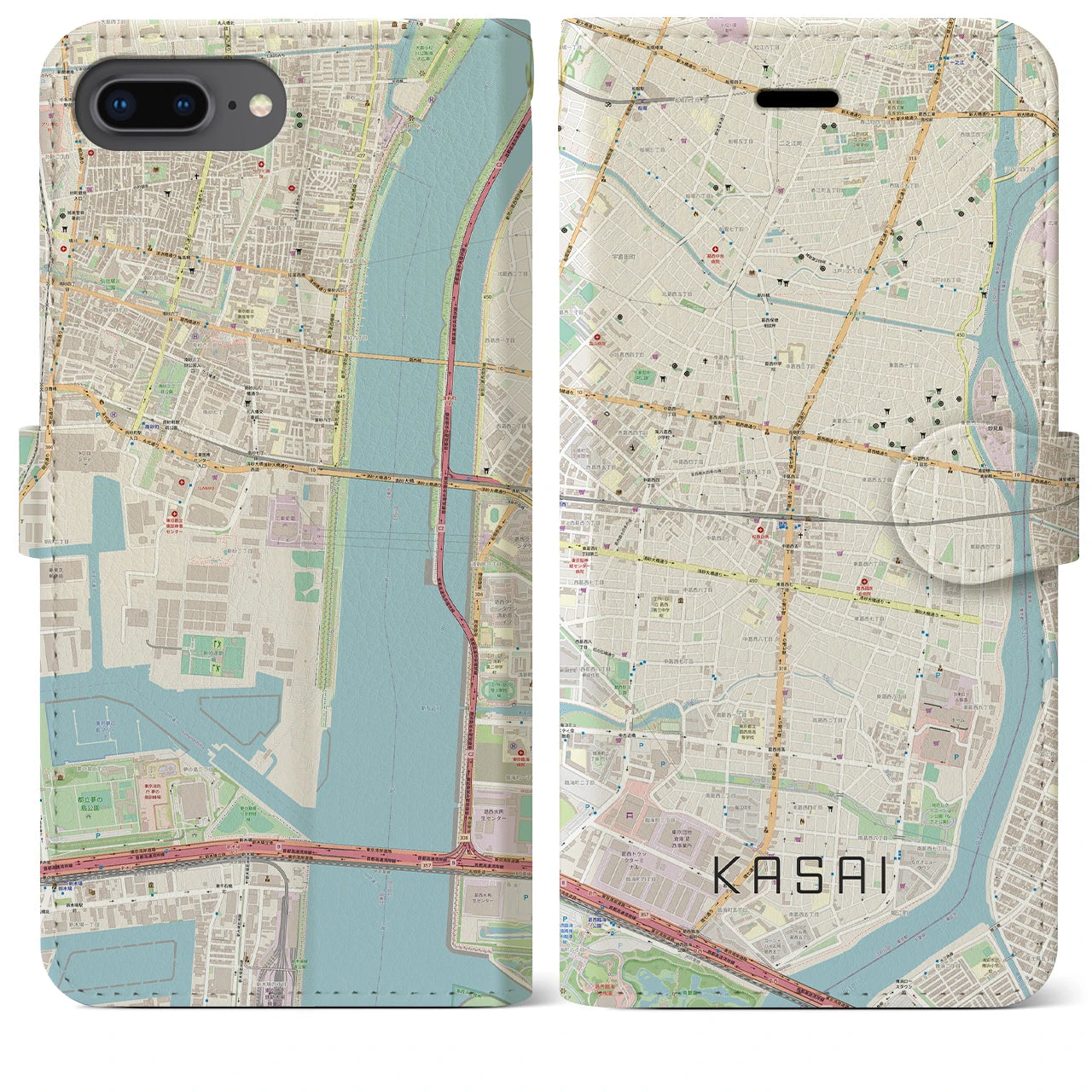 【葛西】地図柄iPhoneケース（手帳両面タイプ・ナチュラル）iPhone 8Plus /7Plus / 6sPlus / 6Plus 用