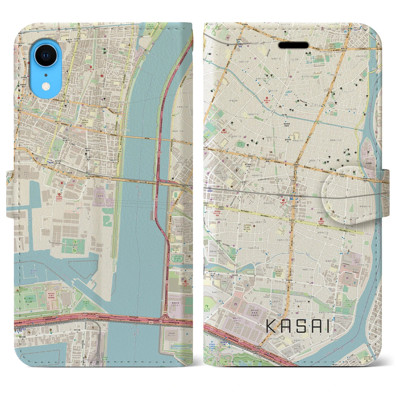 【葛西】地図柄iPhoneケース（手帳両面タイプ・ナチュラル）iPhone XR 用