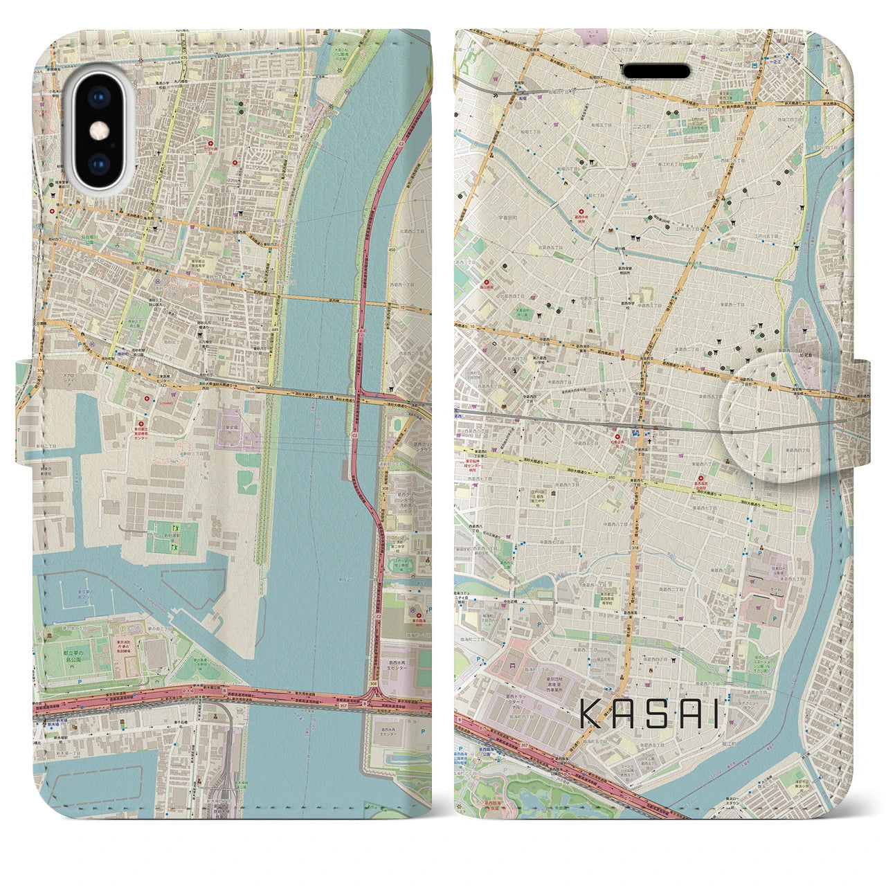 【葛西】地図柄iPhoneケース（手帳両面タイプ・ナチュラル）iPhone XS Max 用
