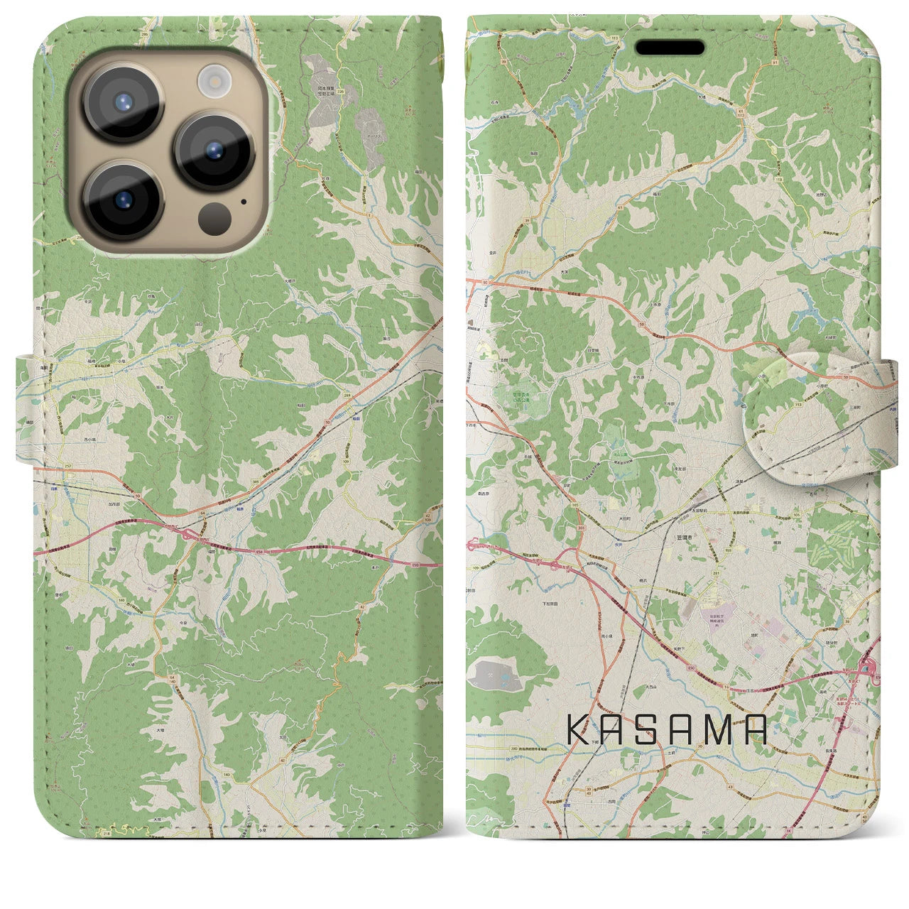 【笠間】地図柄iPhoneケース（手帳両面タイプ・ナチュラル）iPhone 14 Pro Max 用